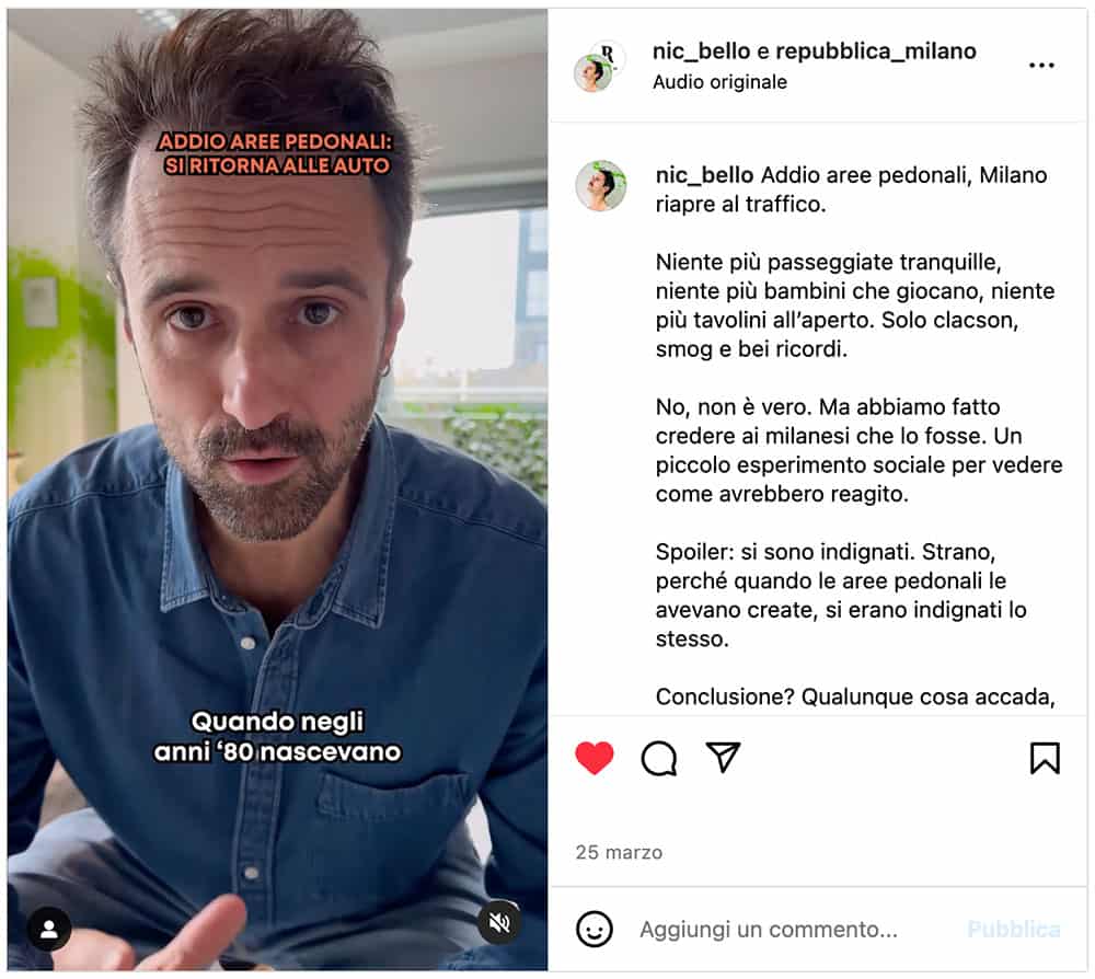 reel instagram di Nic Bello, C40, Sottosopra comunicazione sulle aree pedonali a milano