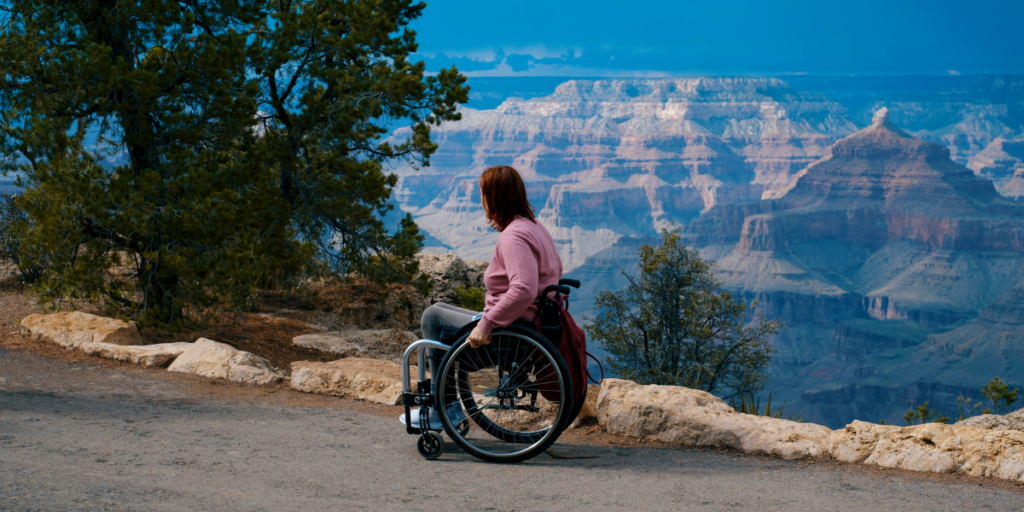 Donna in carrozzina visita natura canyon - concetto turismo accessibile