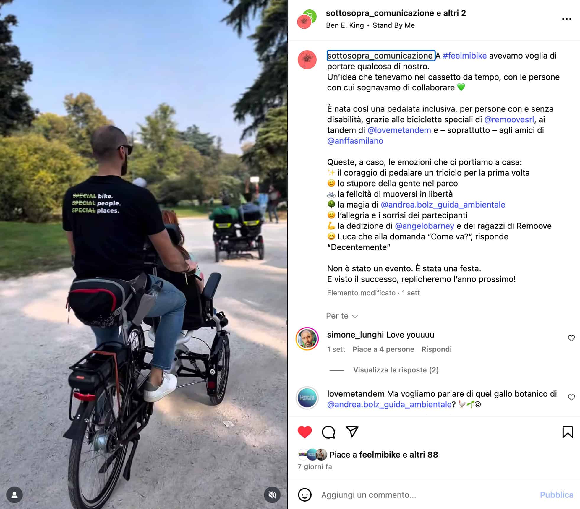 screenshot instagram del progetto di Sottosopra comunicazione bike friendly vengo anche io si tu su