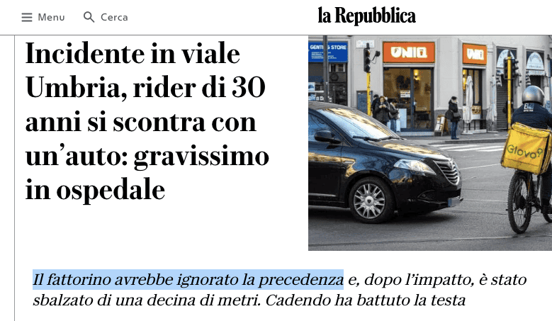 Scontro auto fattorino titolo giornale