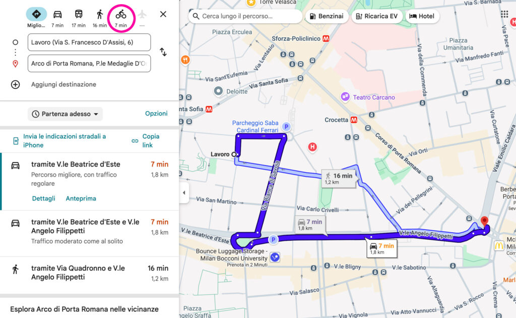 mappa di google maps con i tempi di percorrenza suggeriti in base al mezzo
