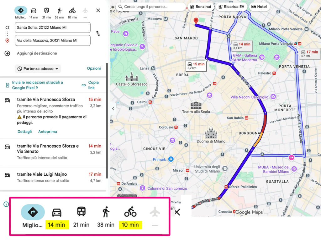 Screenshot del percorso suggerito da google maps dove viene totalmente ignorata la bicicletta pur risultando il mezzo più rapido